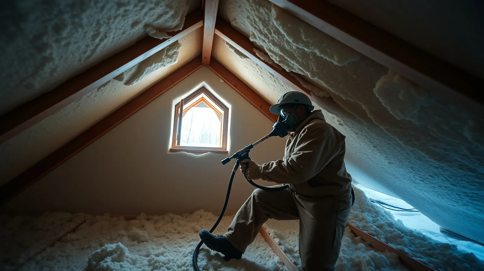 Technician spray-applying closed-cell spray foam insulation into an attic roof deck in Durango, Colorado